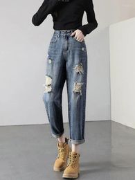 Women's Jeans Loose Harem Women Asymmetrical Office Lady Korean Style Daily Hole Frayed Do Old Streetwear Denim Summer Thin Breathable