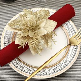 Christmas Napkin Ring Holders Xmas Artificial Glitter Flower Pine Berry Napkin Buckle Wedding New Year Party Kitchen Table Decor