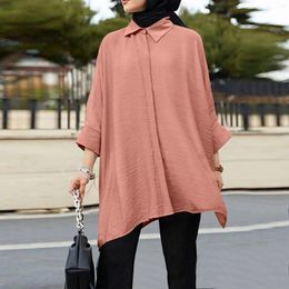 Women's Blouses Muslim Hijab Blouse Turkey Dubai Long Tops Vintage Women Lapel Neck Sleeve Shirt Solid Blusas Islamic Clothing Abaya
