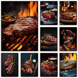 Bbq Grilled Steaks Pork Poster Print Barbecue Cuisine Food Canvas Painting Wall Art for Restaurant Party Kitchen Room Home Decor