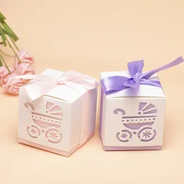 Gift Wrap 5Pcs/Lot 6 6cm Baby Carriage Laser Cut Hollow Favours Gifts Candy Boxes With Ribbon Shower Wedding Party Supplies