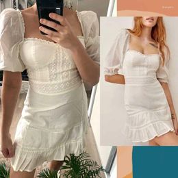 Party Dresses Boho Inspired Fitted Bodice White Summer Dress Women Squre Neck Emboirdery Short Sleeve Elegant Chic Sexy