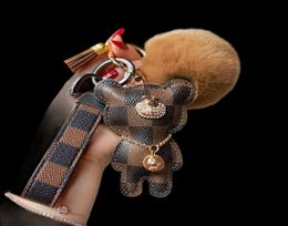 Designer keychain bear leather fur ball charm key chain car pendant metal fashion personality creative couple checkered variety of4283743