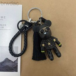 Key Rings Leather Weave Rope Bomgom Popobe Gloomy Rhinestone Keychain Tassel Glasses Bear Key Chain Ring Holder Bag Charm Black Pendant 240412