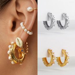 Hoop Earrings Vintage White Pearls Beaded Huggies For Women 18K Gold Plated Small Round Circle Ear Buckles Party Jewellery Gift