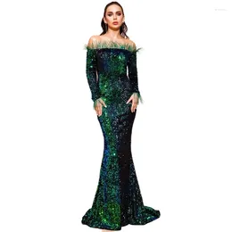 Party Dresses Green Sequin Evening Elegant Women Off Shoulder Feather Long Sleeves Bodycon Maxi Mermaid Prom Dress Gown