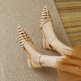 Dress Shoes Retro Roman Sandals Women's Pointed Toe Thick Heel Hollow One-word Buckle Flat With Ankle Strap Low