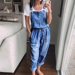 Womens Jeans Spring Summer Women Denim Jumpsuit Casual Sleeveless Lace-up Elastic Waist Bib Overalls Lady Vintage Loose Straight Romper