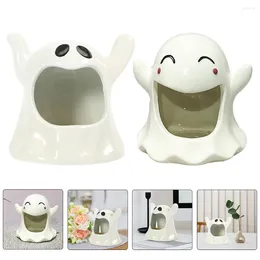 Candle Holders 2 Pcs Desktop Decor Tabletop Candlestick Ornaments Halloween Tealight Container White Ceramics Ghost