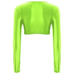 Womens Casual Solid Color Long Sleeve T-shirt Sports Workout Yoga Shrug Tops Glossy Low-Cut Crop Top Pool Party Beach Cover Ups