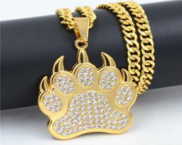 Hip Hop Bear paw footprint gold Pendants Necklaces Pendants Bling Bling Iced Out Crystal Necklaces Stainless Steel Rope Chain6645598