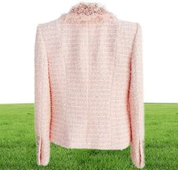 2021 Fall Autumn Long Sleeve V Neck Pink Solid Colour Tweed Beaded Rhine Buckles Double-Breasted Blazers Elegant Top Quality Outwear Coats 21O132028022881