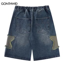 Men Jeans Shorts Y2K Harajuku Retro Embroidery Star Patch Baggy Denim Shorts Streetwear Summer Fashion Casual Short Pants Blue 240401 #11