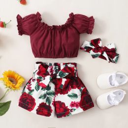 Shorts 3pcs/set Summer Newborn Baby Girls Short Sleeve Top T Shirt Floral Shorts Set 3 6 9 12 18 24 Months 3 Years Lounge Set Outfits