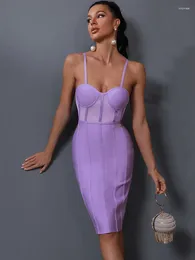 Casual Dresses Lilac Bandage Dress Women Sexy Party Bodycon Elegant Ribbed Mesh Insert Evening Birthday Club Outfits Summer 2024