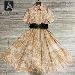 Party Dresses AELESEEN 2024 High Quality Cotton Women Dress Runway Fashion Shirt With Belt Yellow Black Dots Print Elegant