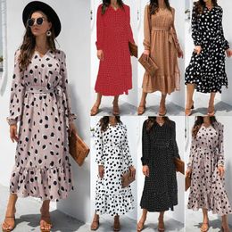 Casual Dresses Elegant Sexy V-neck Split Long-Sleeve Lace-up Dress Self-Tie