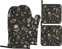 Oven Mitts and Pot Holders Sets 4 Piece Grunge Skull Oven Gloves Heat Resistant Non-Slip for Kitchen Cooking Grilling Baking