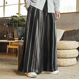 Streetwear Men's Wied Leg Pants Striped Man Casual Loose Cotton Linen Trousers Male High Quality Jogger Sweatpants 3XL240408