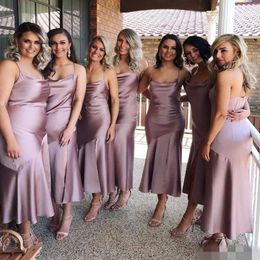 Sale Dusty Pink Short Bridesmaid Dresses Elastic Satin Side Slit Ankle Length Custom Made Spaghetti Straps Maid Of