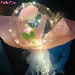 3pcs set LED Luminous Balloon Rose Bouquet Transparent Bobo Ballon Valentines Day Gift Glow Party Birthday Wedding Decor Balloon Y2754