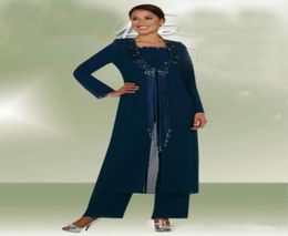 Latest Dark Navy 3 Pieces Long Jacket Mother Bride Pants Suits Women Party Wear Chiffon Groom Mother Trousers Suits Fashion Sequin5923909