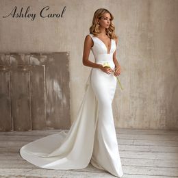 Ashley Carol Mermaid Wedding Dresses For Women 2023 Satin Detachable Train V-neck Empire 2 IN 1 Wedding Gown Vestidos De Novia