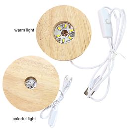 4 Inch Illuminated Display Base Wooden LED Night Light Base Round LED Display Stand for for Resin Glass 3D Crystal Acrylic