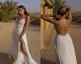 Custom Made Summer Boho Wedding Dresses Spaghetti Lace Chiffon Thigh High Slit Beach Bridal Gowns Wedding Dress7772649