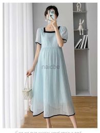 Maternity Dresses Summer Fashion Pregnant Women Loose Chiffon Dress Solid Colour Puff Sleeve Maternity Empired Dress Elegant Clothes Blue Green 240413