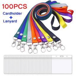100 Pcs Safety Hanging Neck Strap Lanyard And Card Case ID Name Transparent Badge Holder Anti-Lost Clasp Rope Keychain Landyard
