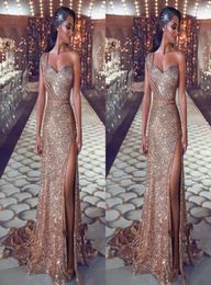 2020 Sexy Sparkly Rose Gold Sequined Prom Dresses One Shoulder Sheath Side Split Sweep Train Plus Size Formal Evening Gowns Pagean2122058