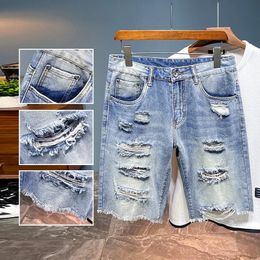 Hip Hop Ripped Denim Shorts Men Summer Streetwear Casual Fashion Straight Jeans Knee Length Male Hole Short Pants 240411