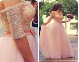 Spring Pink Prom Dresses With Half Sleeves Sweetheart Sash Bow Beads Pearls Long Evening Dresses Tulle Beach Bridal Gowns8165851