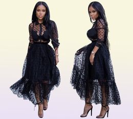 Black Polk Dot Mesh Charming Women Party Dresses Sexy Turn Down Neck Long Sleeves See Through A line Nightclub Casual Dress Ankle 1200589