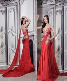 Red Gorgeous Mermaid Evening Dresses Indian Style Applique Chiffon Bridal Party Outfit Sweep Long Prom Gowns7462189