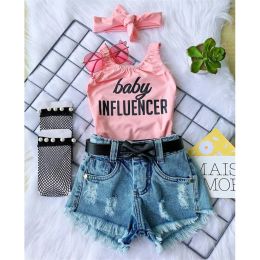 Shorts Girl Clothes Set 3pcs Letter Sleeveless Top Denim Shorts Suit Girl Outfits Baby Children Clothing for Kid Cute Toddler Outfit