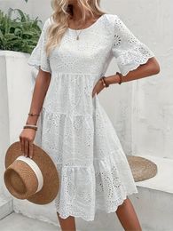 Eyelet Embroidered Crew Neck Dress Elegant Short Sleeve For Spring Summer Womens Clothing 240329