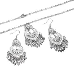 Ethnic Tibetan Silver Necklace Earring Set Bride Ancient Flower Carved Heart Shape Tassel Jewellery Set Female Wedding Gift