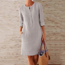 Cotton Linen Dress Spring Vintage Long Sleeve Button Pocket Solid Loose Party Dresses Summer 240412