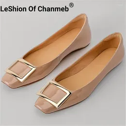 Casual Shoes LeShion Of Chanmeb Patent Leather Sheepskin Flat Women Square Metal Charm Toe Slip-on Shallow Shoe Nude Beige 33-41