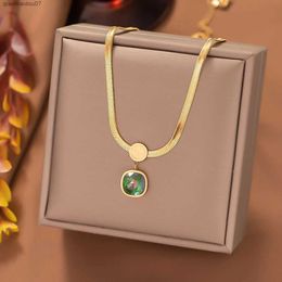 Pendant Necklaces 14k Yellow Gold Square Stone Pendant Necklace for Women Classic Female Golds Color Flat Snake Chain Wedding Jewelry Gift New inL2404