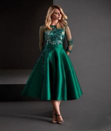 Green Cocktail Mother Of The Bride Dresses A Line Satin Appliqued Tea Length Guest Dress Customised Long Sleeve Formal Evening rob2398192