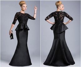 2019 New Black Evening Gowns Sheer Crew High Neck Half Long Sleeves Appliques Lace Beaded Peplum Sheath Formal Dresses Vestido For2776020