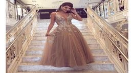 Modest Champagne Prom Dresses 2018 Sexy Spaghetti Floor Length Aline Evening Dress Lace Applique Special Occasion Party Dress4149016