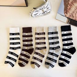 Socks & Hosiery 2023 Autumn/winter Instagram Letter Mu Cotton Striped Soft Comfortable Mid Length Black White for Women