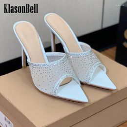 Slippers 3.26 KlasonBell 2024 Open Toe Slip-on Sexy Pointed Rhinestone Mesh High Heel Sandals Party Wedding Shoes