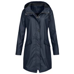 Women Raincoat Outdoor Softshell Jacket Coat Solid Rain Outdoor Plus Size Hooded Windproof Long Jacket Coat Trench Coat Moletom