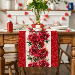Valentine's Day Red Watercolour Rose Linen Table Runners Wedding Decorations Farmhouse Dining Table Runners Holiday Party Decor