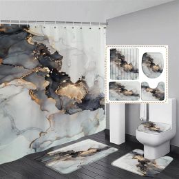 Abstract Pink Marble Shower Curtain Set Gold Textured Modern Geometric Ink Art Bathroom Decor Door Rug Bath Mat Toilet Lid Cover